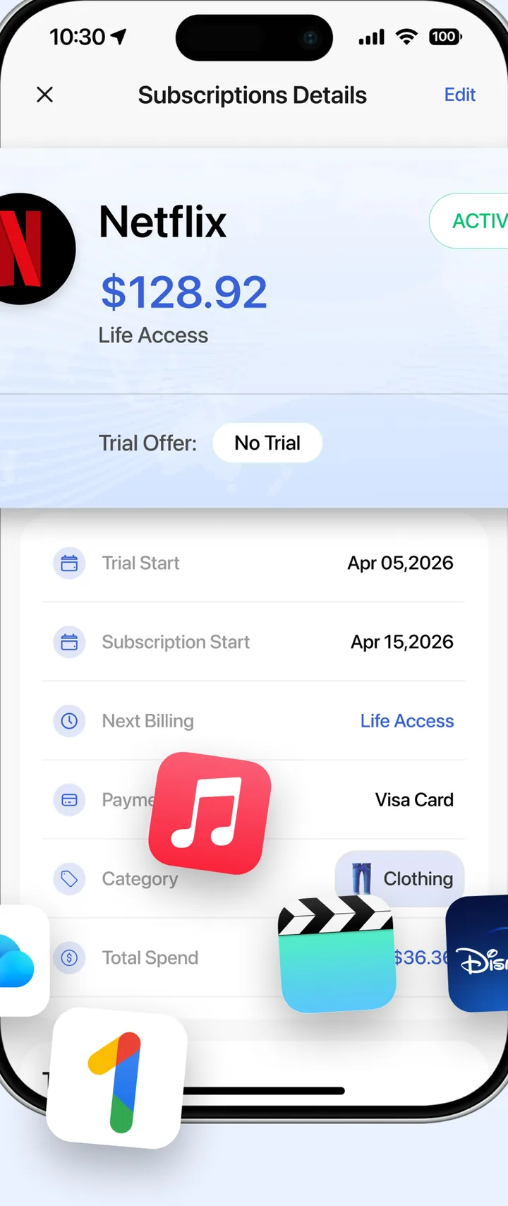Subscription detail with trial start, billing date and cancel guide
